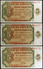 1938. Burgos. 5 pesetas. (Ed. D36a) (Ed. 435a). 10 de agosto. Trío correlativo, serie K. Esquinas algo rozadas. S/C-.