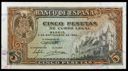 1940. 5 pesetas. (Ed. D44a) (Ed. 443a). 4 de septiembre, Alcázar de Segovia. Serie H. EBC.
