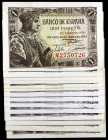 1943. 1 peseta. (Ed. D48 y D48a) (Ed. 447 y 447a). 21 de mayo, Fernando el Católico. 14 billetes, sin serie y series E y N, varios correlativos. Esqui...
