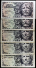 1947. 5 pesetas. (Ed. D55 y D55a) (Ed. 454 y 454a). 12 de abril, Séneca. 5 billetes, sin serie y series A, C y E. MBC-/EBC+.