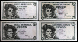 1948. 5 pesetas. (Ed. D56a) (Ed. 455a). 5 de marzo, Elcano. 4 billetes, series A, B, K y L. MBC+/S/C-.