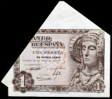 1948. 1 peseta. (Ed. D58a) (Ed. 457a). 19 de junio, Dama de Elche. Serie G. Impreso por ambas caras, pero cortado sobre un pliegue triangular, resulta...