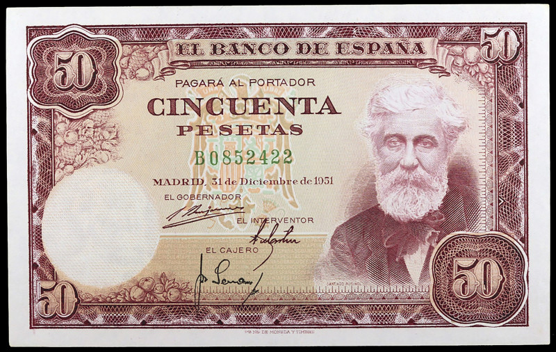 1951. 50 pesetas. (Ed. D63a) (Ed. 462a). 31 de diciembre, Rusiñol. Serie B. EBC+...