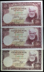 1951. 50 pesetas. (Ed. D63a) (Ed. 462a). 31 de diciembre. 3 billetes, serie A (pareja correlativa) y serie C. MBC/S/C-.