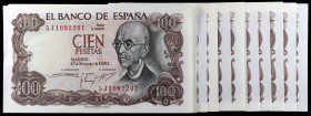 1970. 100 pesetas. 17 de noviembre, Falla. Lote de 15 billetes, series 5J (siete correlativos más una pareja), 6I (cinco correlativos) y 9B. EBC+/S/C-...