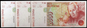 1992. 2000 pesetas. (Ed. E8) (Ed. 482). 24 de abril, Mutis. 3 billetes, una pareja correlativa. S/C-/S/C.