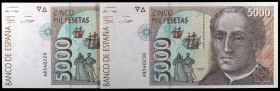 1992. 5000 pesetas. (Ed. E10a) (Ed 484). 12 de octubre, Colón. Pareja correlativa, serie A. S/C.