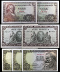 1940, 1946 y 1948. 100 pesetas. 7 billetes: Colón (dos) series D y E, Bayou (dos) sin serie y serie C, y Goya (tres) sin serie y una pareja correlativ...