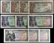 1940, 1943 y 1945. 5 pesetas. 10 billetes: Alcázar de Segovia (cuatro), Isabel la Católica (tres) e Isabel y Colón (tres). Series variadas. MBC/S/C-....