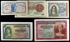 52 billetes: 50 céntimos (cuatro), 1 (dieciséis), 2 (cinco), 5 (diecinueve) y 10 (ocho) pesetas, sin serie y con todas las series, varios correlativos...