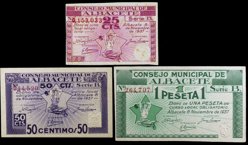 Albacete. 25, 50 céntimos y 1 peseta. (KG. 22) (RGH. 130 a 132). 3 billetes, ser...