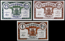 Chinchilla (Albacete). 25, 50 céntimos y 1 peseta. (KG. 307) (RGH. 1921 var, 1922 var y 1923 var). 3 billetes, serie completa. Sin numeración. EBC+.