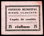 Minaya (Albacete). 25 céntimos. (KG. falta) (RGH. 3543). Ex Colección de la Guerra Civil, Áureo 17/12/1996, nº 2703. Ex Colección Balsach. Raro. MBC+....