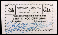 Molinicos (Albacete). 25 céntimos. (KG. falta) (RGH. 3582a var). Cartón. Tampón rojo. Muy raro y más así. EBC+.