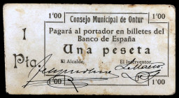 Ontur (Albacete). 1 peseta. (KG. falta) (RGH. 3953). Cartón. Muy raro. MBC.