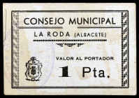 La Roda (Albacete). 1 peseta. (KG. 646) (RGH. 4540). Cartón. Raro. MBC.
