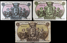 Villarrobledo (Albacete). 25, 50 céntimos y 1 peseta. (KG. 818) (RGH. 5731 var, 5732 var y 5733 var). 3 billetes, serie completa, los tres valores con...