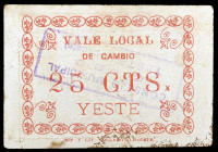 Yeste (Albacete). 25 céntimos. (KG. 836) (RGH. 5833). Muy raro. MBC.