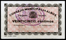 Albox (Almería). 25 céntimos. (KG. 38) (RGH. 238ac var). Sello tampón ovalado AYUNTAMIENTO REPUBLICANO ALBOX (Almería). EBC.