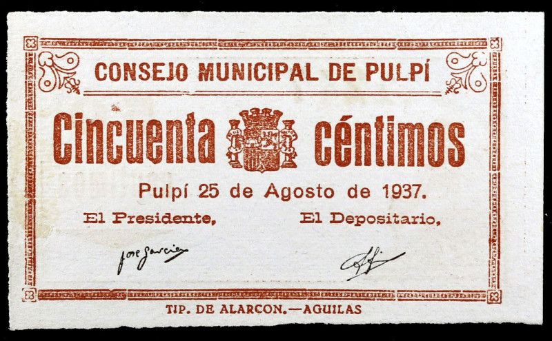 Pulpí (Almería). 50 céntimos. (KG. 622) (RGH. 4413 var). Sin tampón. Escaso. EBC...
