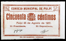 Pulpí (Almería). 50 céntimos. (KG. 622) (RGH. 4413 var). Sin tampón. Escaso. EBC.