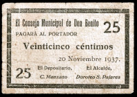 Don Benito (Badajoz). 25 céntimos. (KG. 320) (RGGH. 2238). Cartón. Escaso. MBC-.