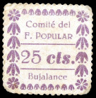 Bujalance (Córdoba). Comité del Frente Popular. 25 céntimos. (KG. 194, falta valor) (RGH. 1298b). Cartón. Raro. MBC.