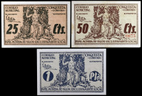 Conquista (Córdoba). 25, 50 céntimos y 1 peseta. (KG. 286) (RGH. 2018 var, 2019 y 2020 var). 3 billetes, serie completa, los 25 céntimos y la peseta s...
