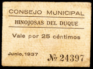 Hinojosa del Duque (Córdoba). 25 céntimos. (KG. 410) (RGH. 2862b). Cartón. Raro. MBC.