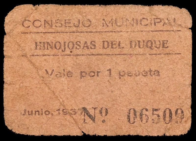 Hinojosa del Duque (Córdoba). 1 peseta. (KG. 410) (RGH. 2864). Cartón. Raro. BC....
