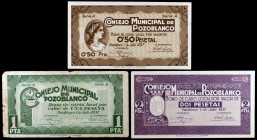 Pozoblanco (Córdoba). 50 céntimos, 1 y 2 pesetas. (KG. 601) (RGH. 4286, 4287 y 4288 var). 3 billetes, las 2 pesetas NULO en reverso. BC/EBC+.