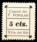 Villa del Río (Córdoba). Comité del Frente Popular. 5 céntimos. (KG. 787, falta valor) (RGH. 5489 var). Cartón. Sin tampón en reverso. Raro. MBC+....