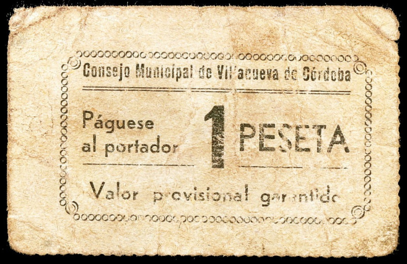 Villanueva de Córdoba (Córdoba). 1 peseta. (KG. 805) (RGH. 5636). Cartón. Raro. ...