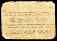 Iznalloz (Granada). 2 pesetas. (KG. 421) (RGH. 2968). Cartón. Raro. BC.