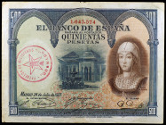 1927. 500 pesetas. 24 de julio, Isabel la Católica. Tampón rojo en anverso del BATALLÓN DE MILICIANOS-GRANADA". Escaso. MBC-.