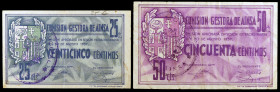 Ainsa (Huesca). Comisión Gestora. 25 y 50 céntimos. (KG. 17) (RGH. 105 y 106). 2 billetes. Escasos. MBC-/MBC.