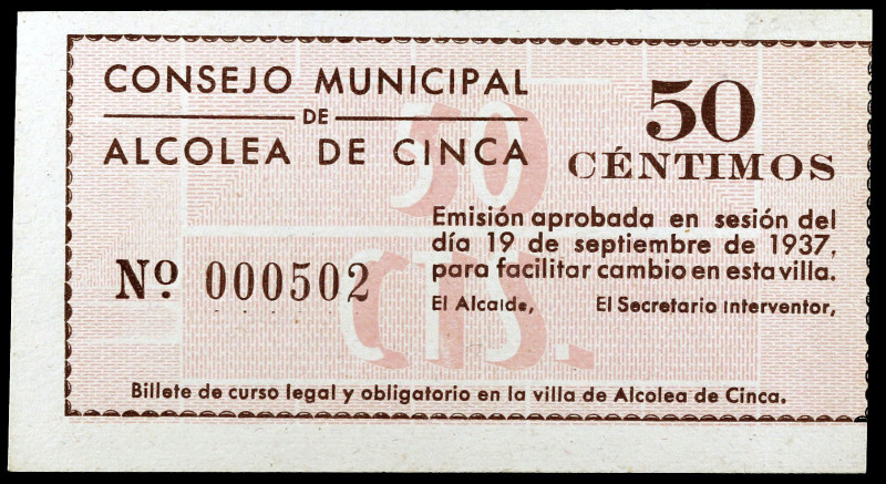 Alcolea de Cinca (Huesca). 50 céntimos. (KG. 53) (RGH. 345c). Nº 000502. Raro. E...