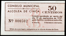 Alcolea de Cinca (Huesca). 50 céntimos. (KG. 53) (RGH. 345c). Nº 000502. Raro. EBC.