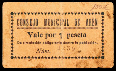Arén (Huesca). 1 peseta. (KG. 104) (RGH. 744). Cartón. Manchitas. Raro. MBC-.