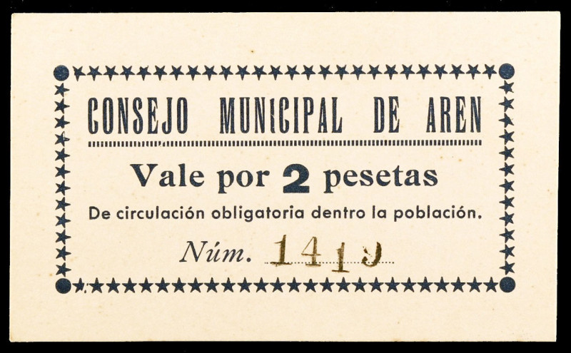Arén (Huesca). 2 pesetas. (KG. 104) (RGH. 745 var). Cartón. Sin tampón. Raro. EB...