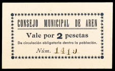 Arén (Huesca). 2 pesetas. (KG. 104) (RGH. 745 var). Cartón. Sin tampón. Raro. EBC+.