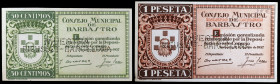 Barbastro (Huesca). 50 céntimos y 1 peseta. (KG. 127 var) (RGH. 881 var y 882 var). 2 billetes. MUESTRA RIEUSSET-BARCELONA en taladros en ambos billet...