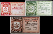 Barbastro (Huesca). 25, 50 céntimos y 1 peseta. (KG. 127) (RGH. 880 a 882). 3 billetes, serie completa. MBC-/MBC+.