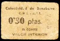 Benabarre (Huesca). Colectividad C.N.T.-A.I.T. 30 céntimos. (KG. 144) (T. 93) (RGH. 978). Cartón. Raro. BC+.