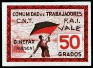Binéfar (Huesca). Comunidad de Trabajadores C.N.T-F.A.I. 50 grados. (KG. 183a) (T. 109a) (RGH. 1218a). Sin numerar. Raro y más así. EBC.