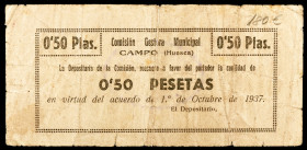 Campo (Huesca). Comisión Gestora Municipal. 50 céntimos. (KG. 223) (T. 135) (RGH. 1492). Raro. BC.