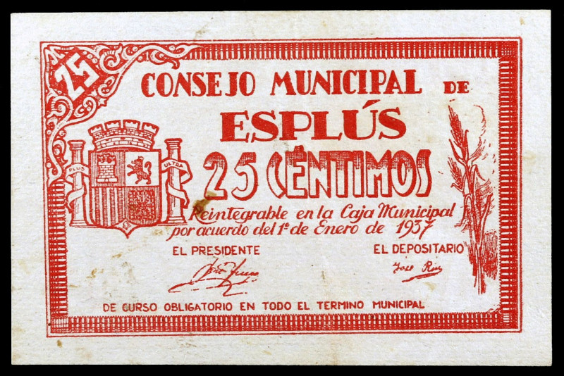 Esplús (Huesca). 25 céntimos. (KG. 335) (T. 160c) (RGH. 2345ab). Escaso. MBC.