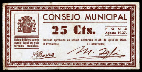 Fonz (Huesca). 25 céntimos. (KG. 357) (RGH. 2476a). Escaso. MBC.