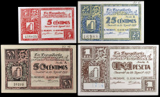 Graus (Huesca). 5, 25, 50 céntimos y 1 peseta. (KG. 394 y 394b) (T. 248e var, 249, 250b y 251a) (RGH. 2726, 2727b, 2728 y 2729 var). 4 billetes, serie...