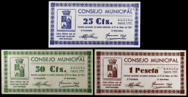 Monzón (Huesca). 25, 50 céntimos y 1 peseta. (KG. 510a) (T. 287 a 289) (RGH. 3677 a 3679). 3 billetes, serie completa. MBC+/EBC.